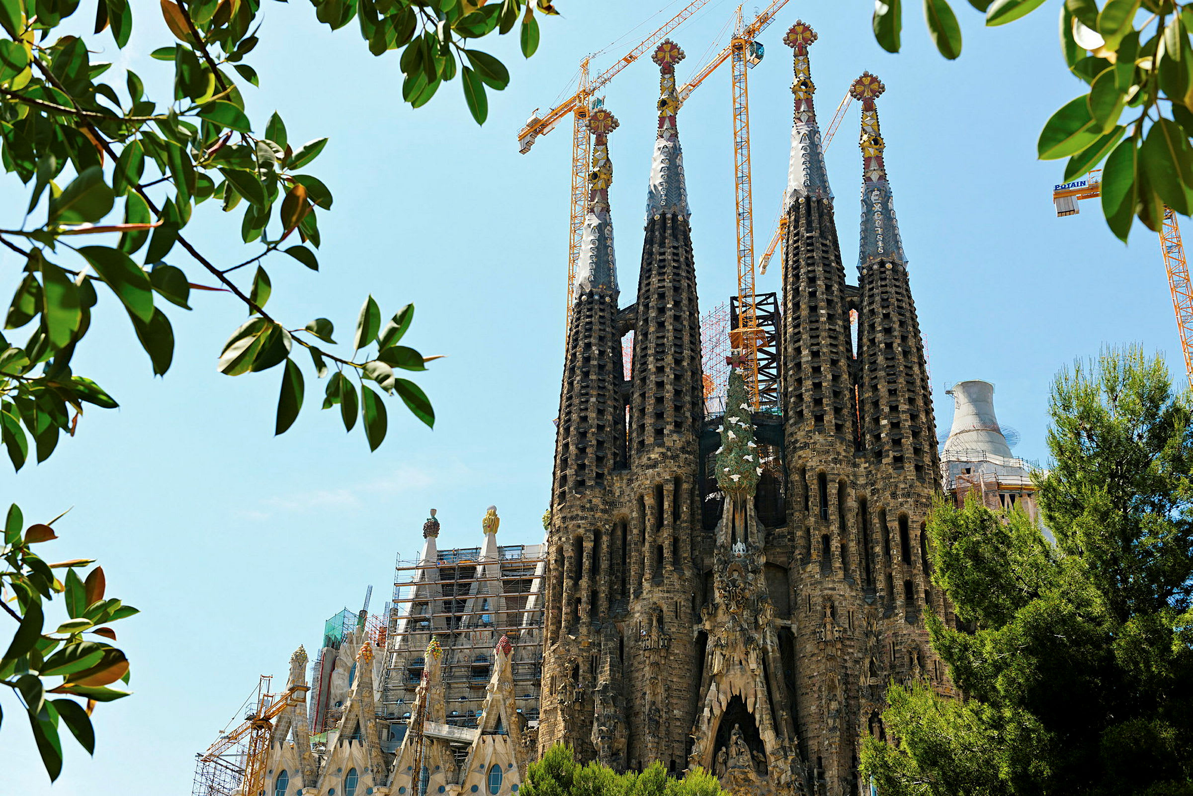 Bilde av Sagrada Familia i Spania, med tårnene synlige gjennom tregrener. (AI-generert tekst)