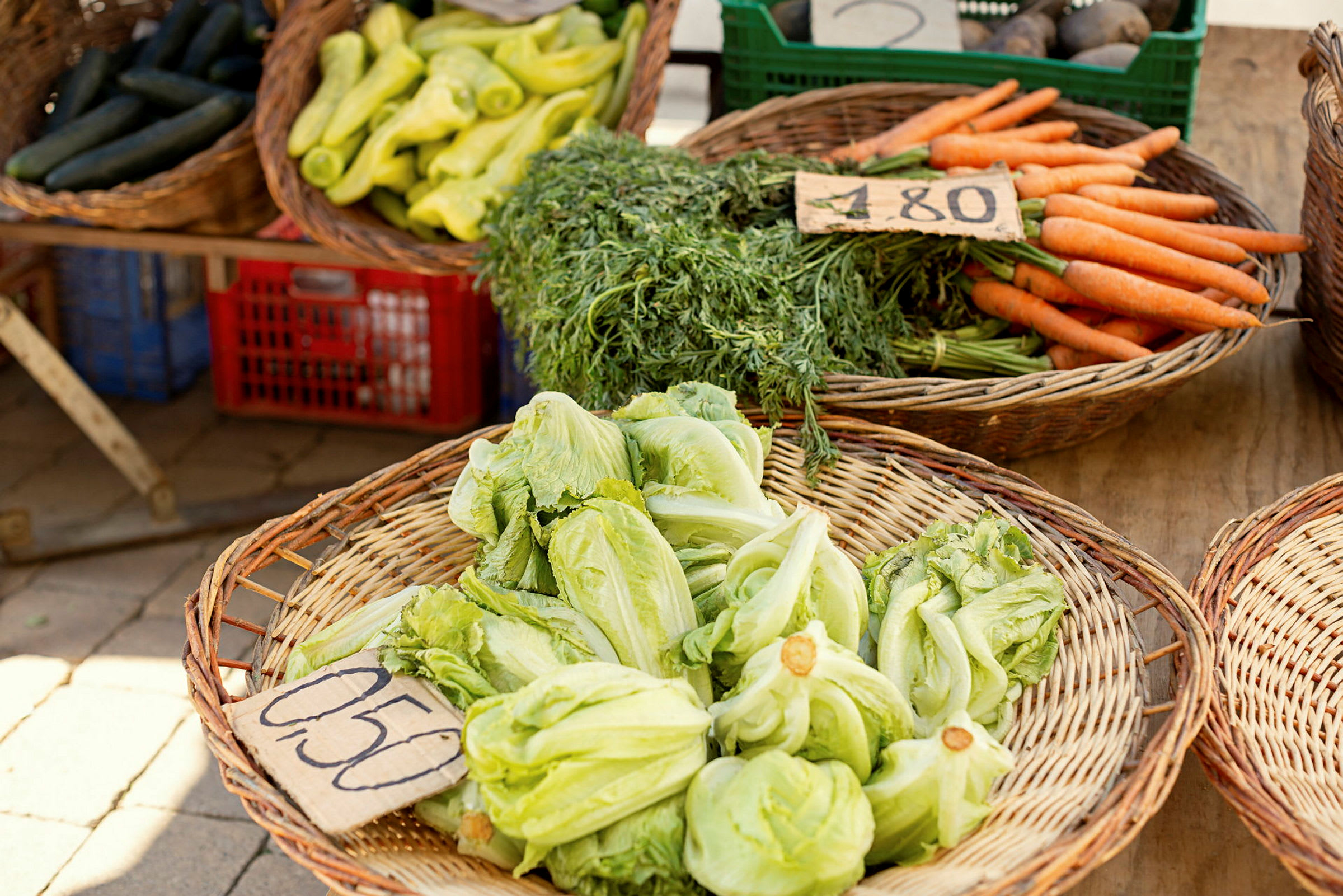 Friske grønnsaker, inkludert salat, gulrøtter, squash og paprika, vises i flettede kurver. (AI-generert tekst)