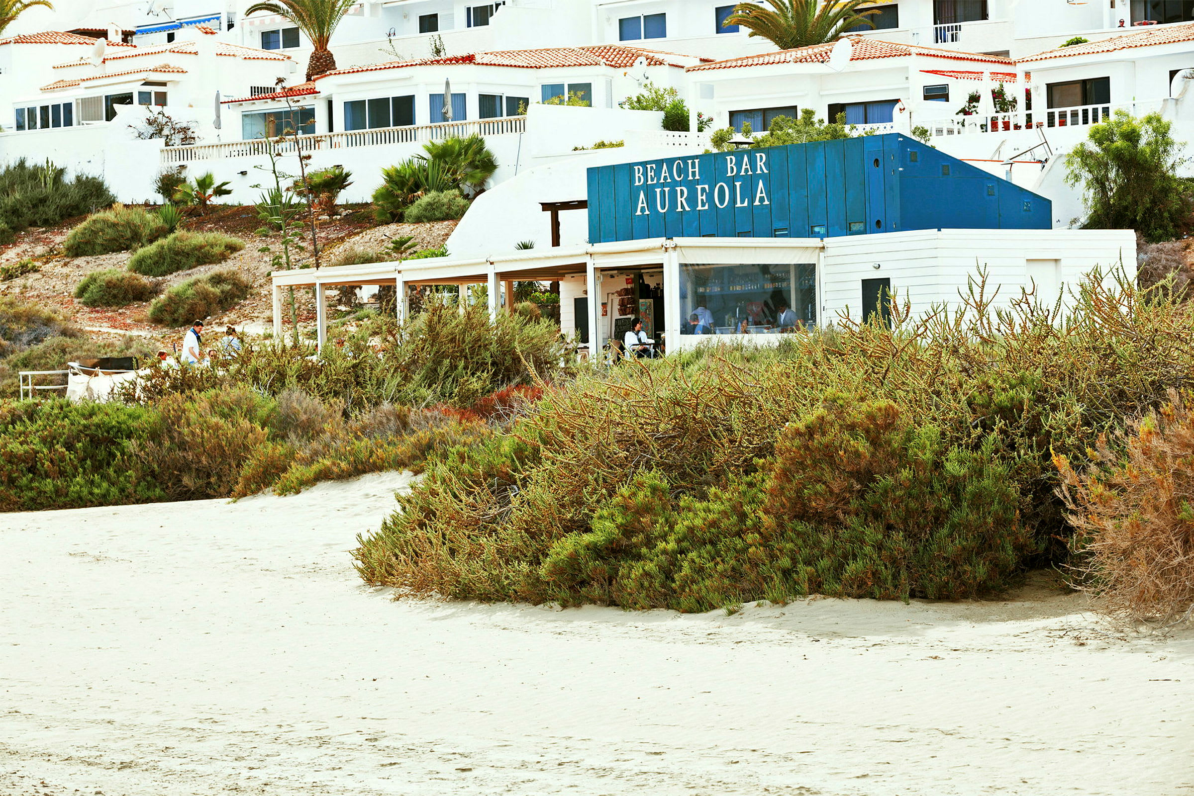 En strandbar kalt Aureola med hvitmalte bygninger og grønn vegetasjon rundt, ligger ved stranden. (AI-generert tekst)
