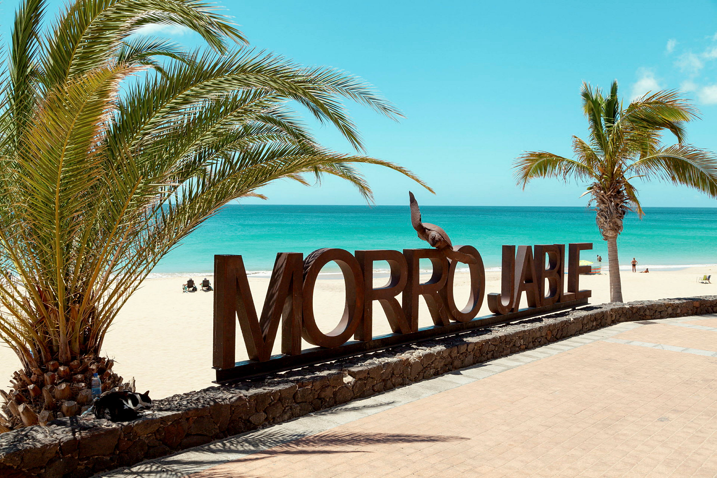 Bildet viser bokstavene 'Morro Jable' på en strandpromenade, omgitt av palmer med utsikt over en sandstrand og turkis hav. (AI-generert tekst)