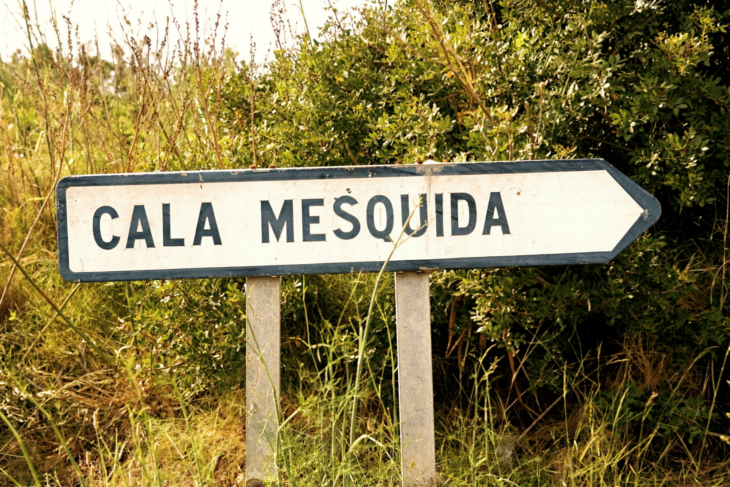 Et veiskilt med teksten "Cala Mesquida" peker til høyre, omgitt av vegetasjon. (AI-generert tekst)