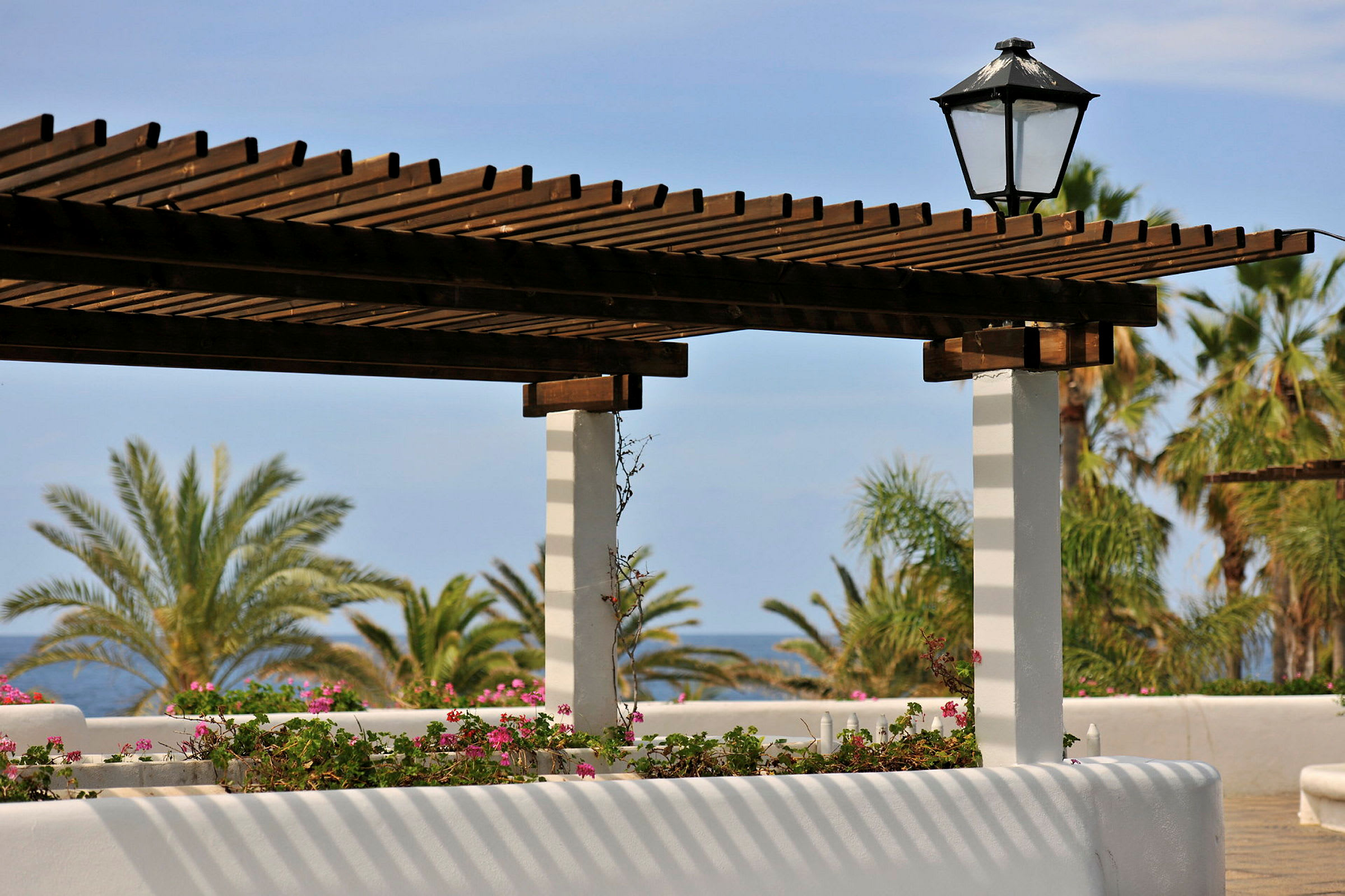 Pergola med trebjelker og blomsterarrangement, palmer og hav i bakgrunnen. (AI-generert tekst)