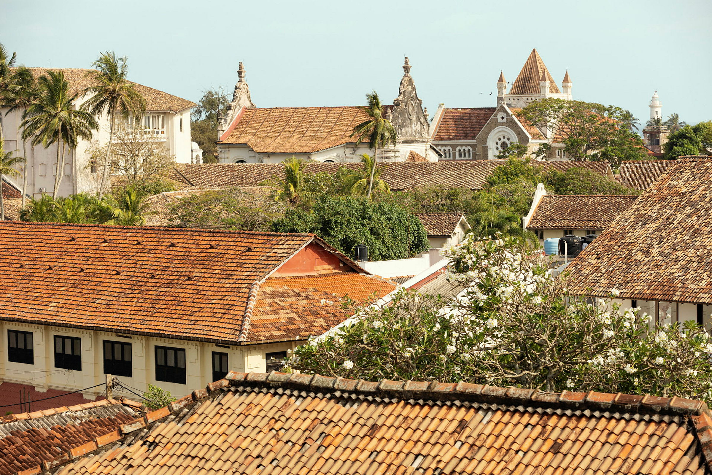 Panoramautsikt over et område med røde tegltak, omgitt av palmer og vegetasjon, samt en historisk kirke i bakgrunnen. (AI-generert tekst)