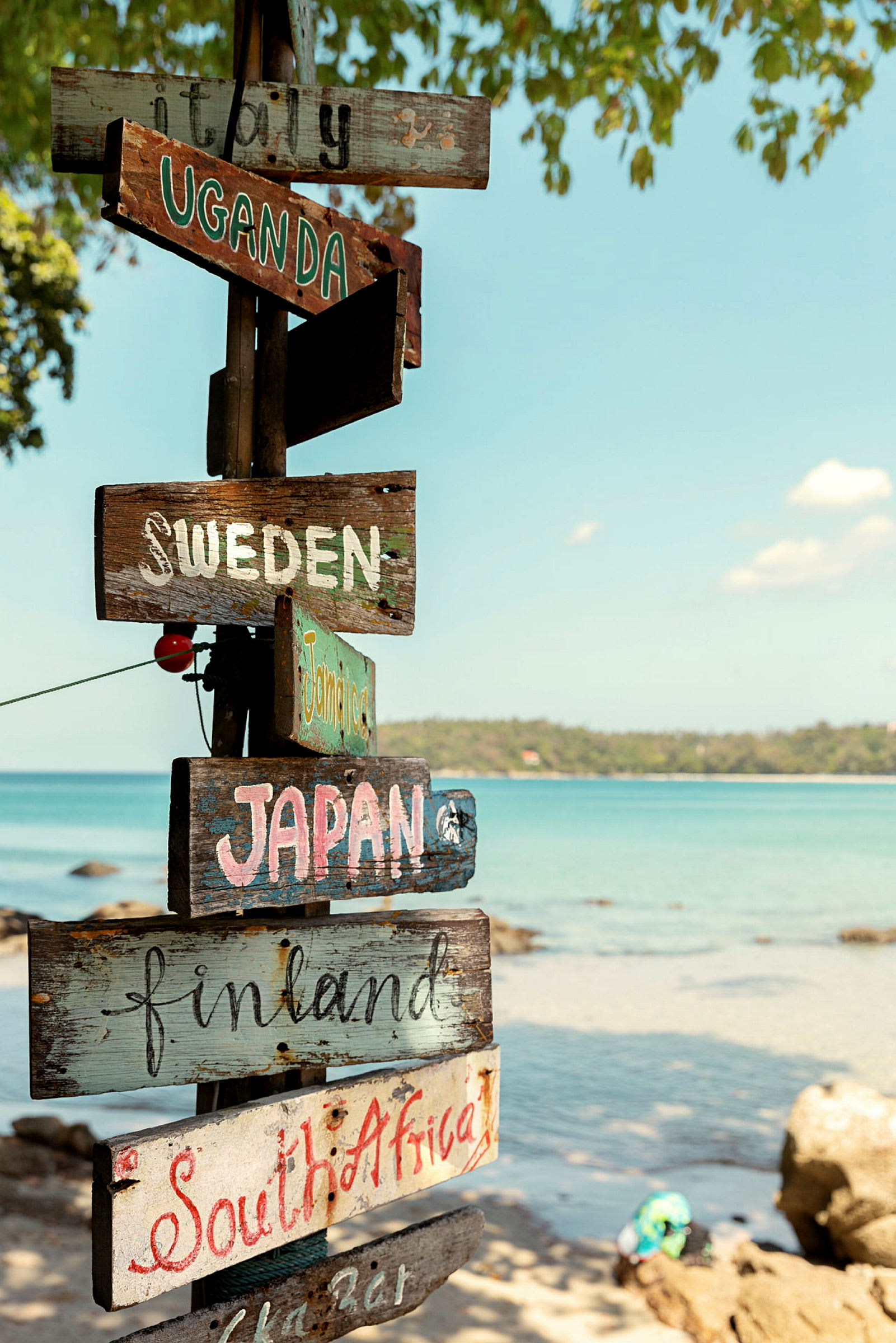 Et treskilt med navn på forskjellige land, med en strand og hav i bakgrunnen. (AI-generert tekst)
