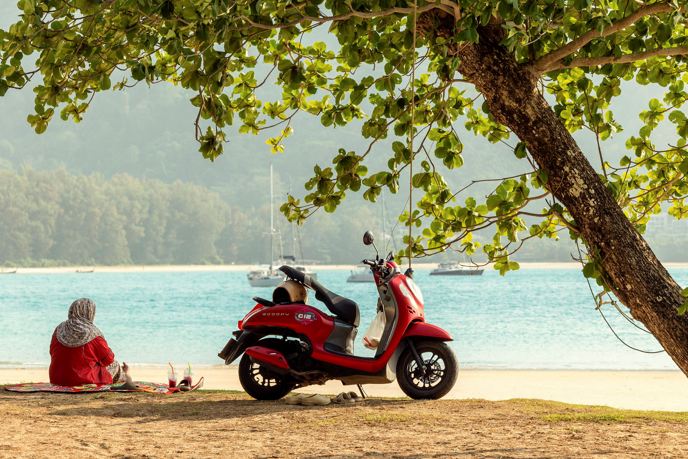 En person sitter på et teppe ved en strand, ved siden av et rødt motorisert kjøretøy og et tre. I bakgrunnen vises havet med seilbåter. (AI-generert tekst)