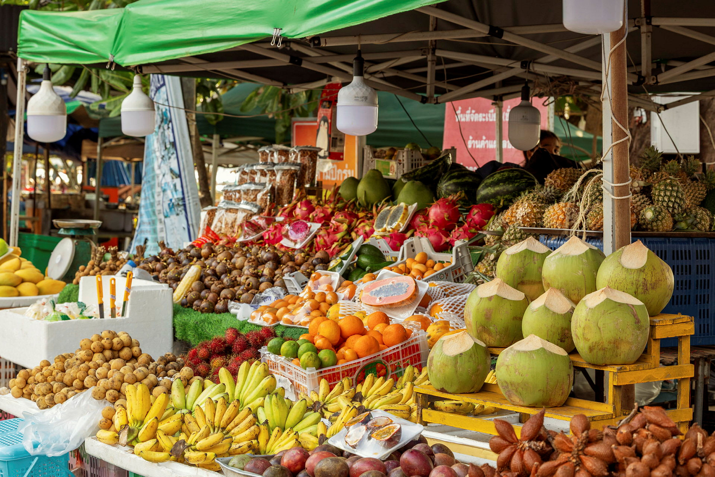 Markedbod med et stort utvalg av tropiske frukter, inkludert bananer, kokosnøtter og mangostan. (AI-generert tekst)