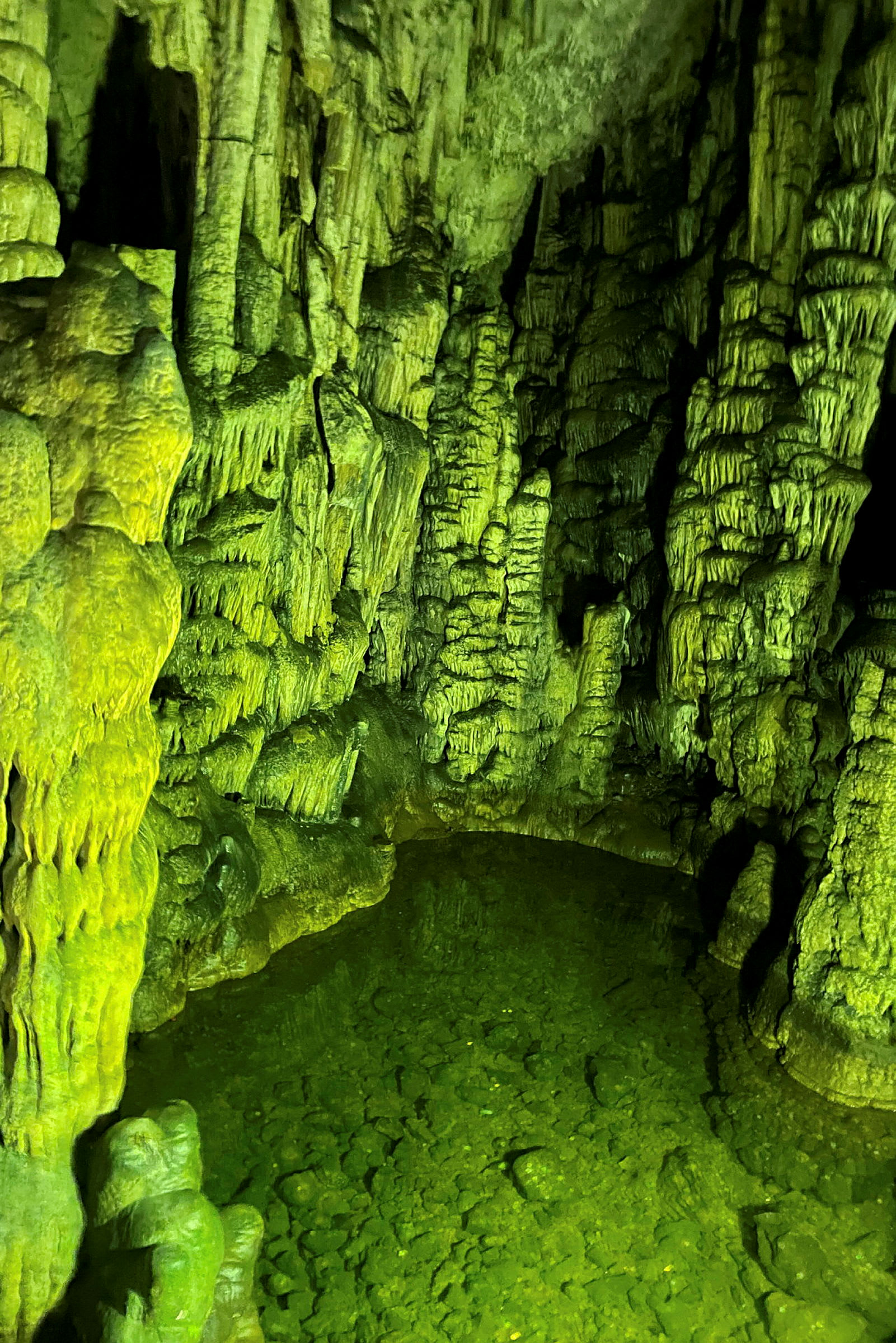 En hule med stalaktitter og stalagmitter, grønt vann og opplyste steinformasjoner. (AI-generert tekst)