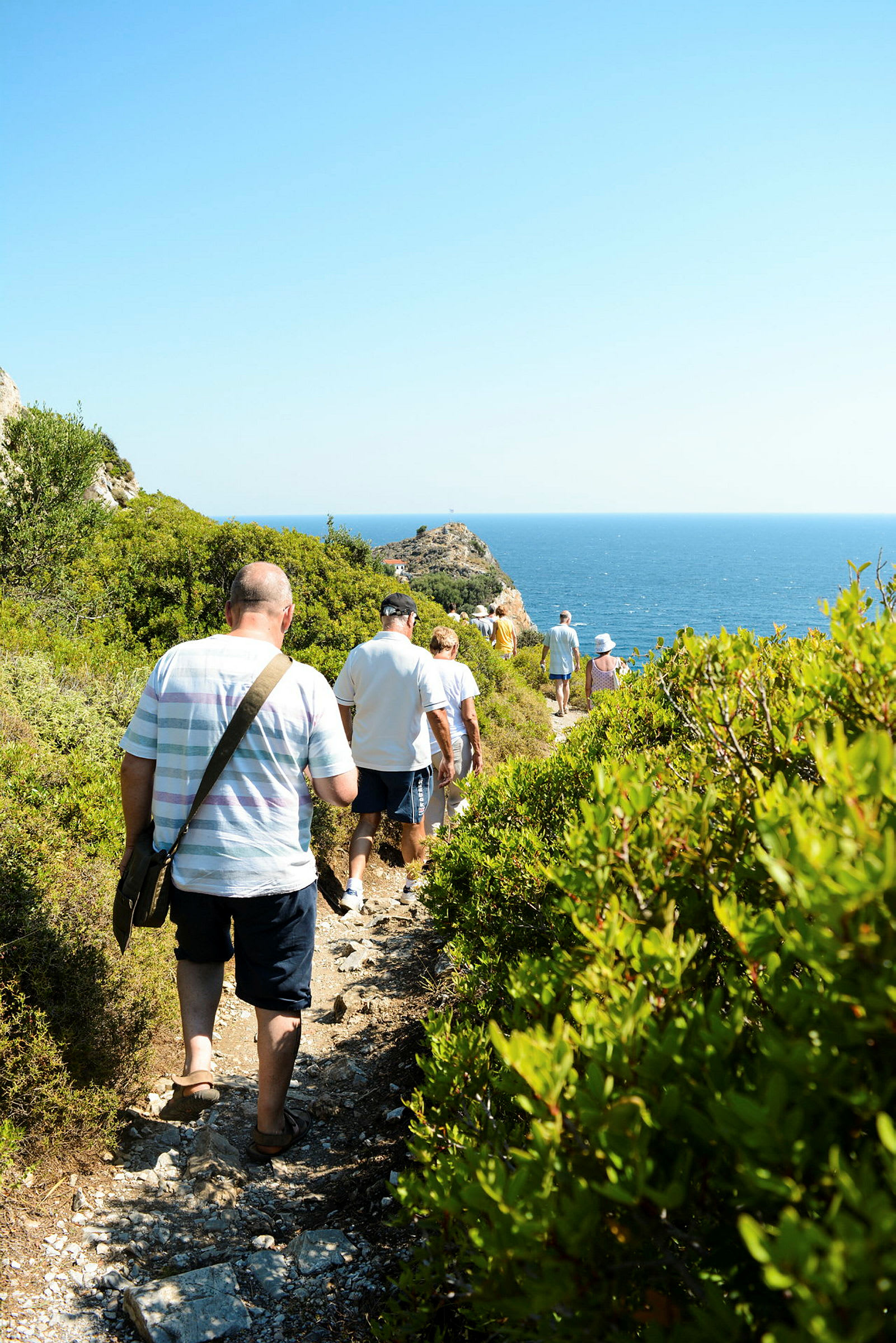 En gruppe personer går langs en smal sti omgitt av grønn vegetasjon, med havet synlig i bakgrunnen. (AI-generert tekst)