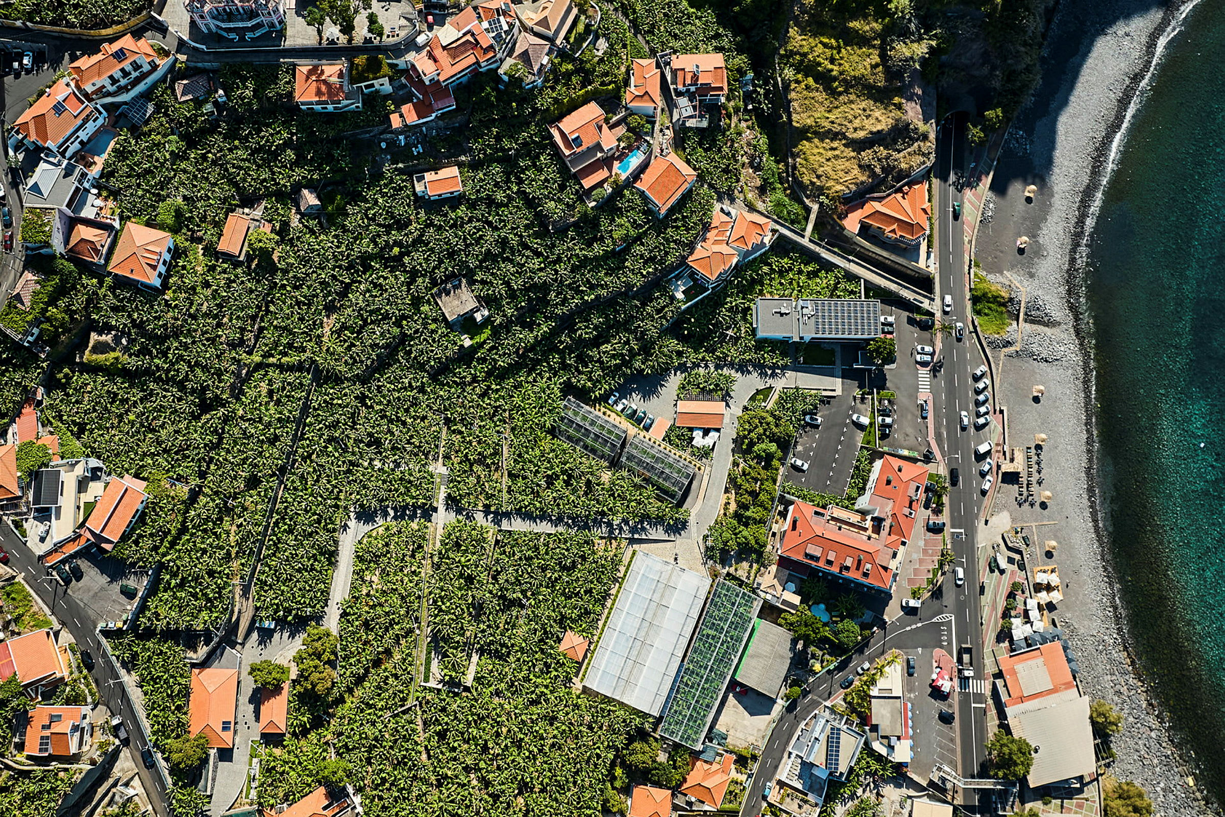 Luftfoto av et område med hus med røde tak, omgitt av grønn vegetasjon og nær en strand med flere biler parkert langs en vei. (AI-generert tekst)
