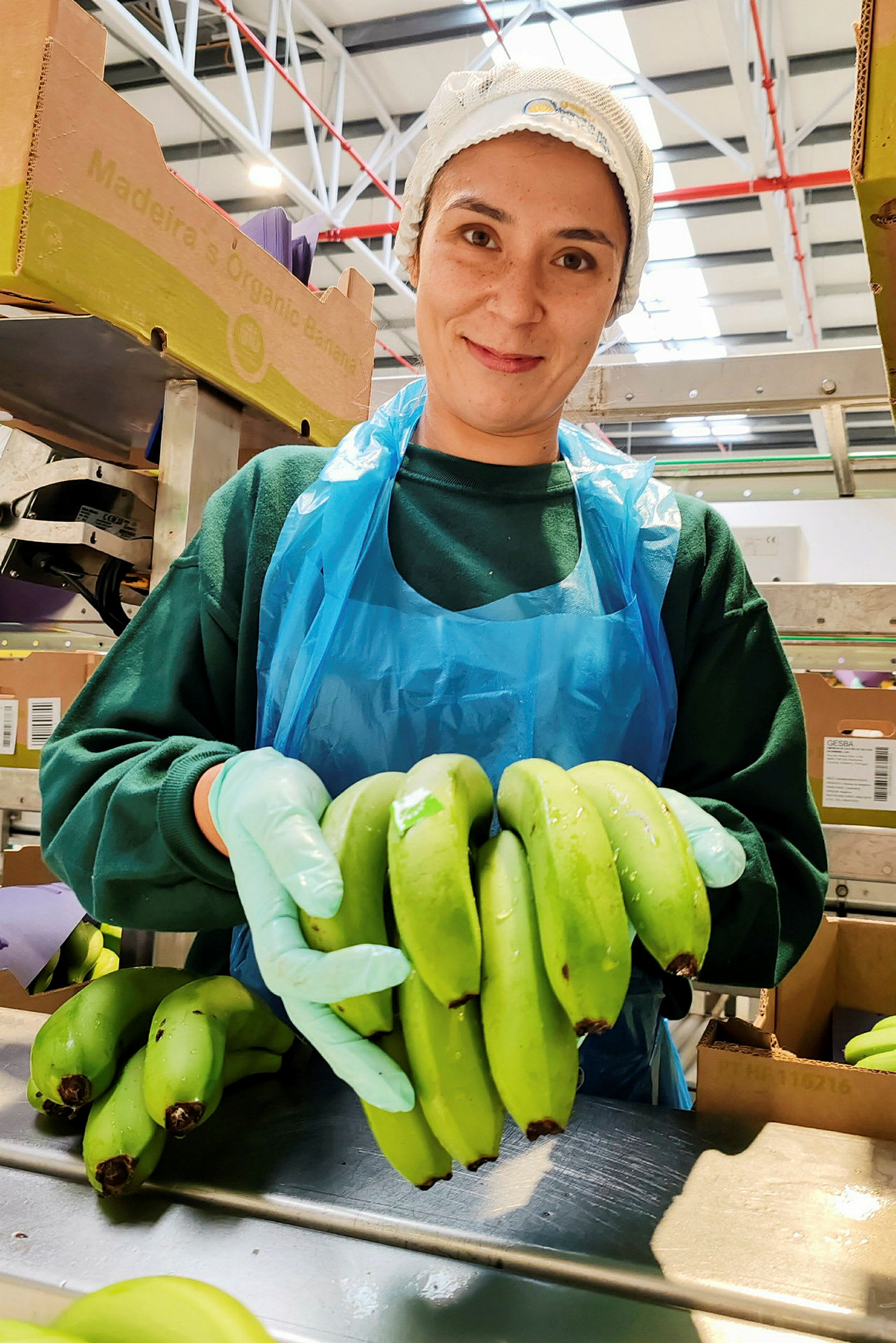 Person holder opp grønne bananer, omgitt av esker og industrielt utstyr. (AI-generert tekst)
