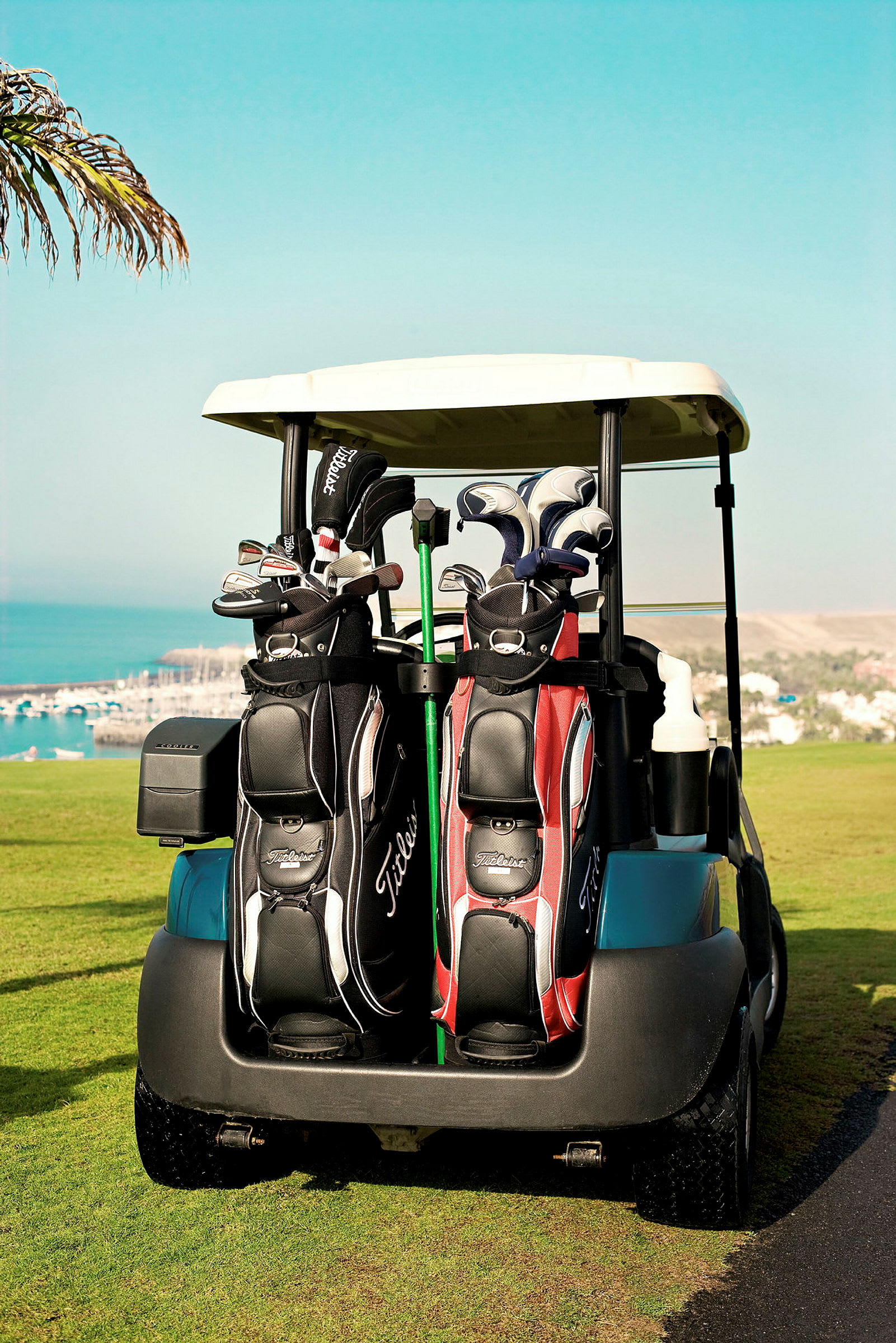 En golfbil med to golfbager står parkert på en gressmatte med havet og småbåthavn i bakgrunnen. (AI-generert tekst)