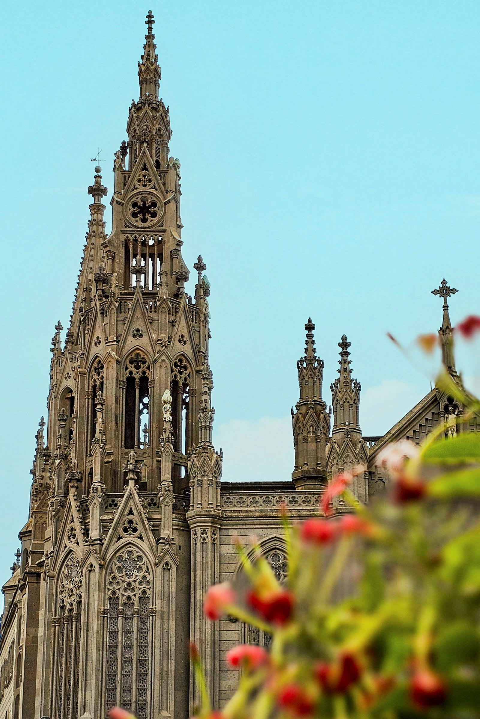 Nærbilde av en gotisk katedral med en detaljrik spir, i forgrunnen er uskarpe blomster. (AI-generert tekst)