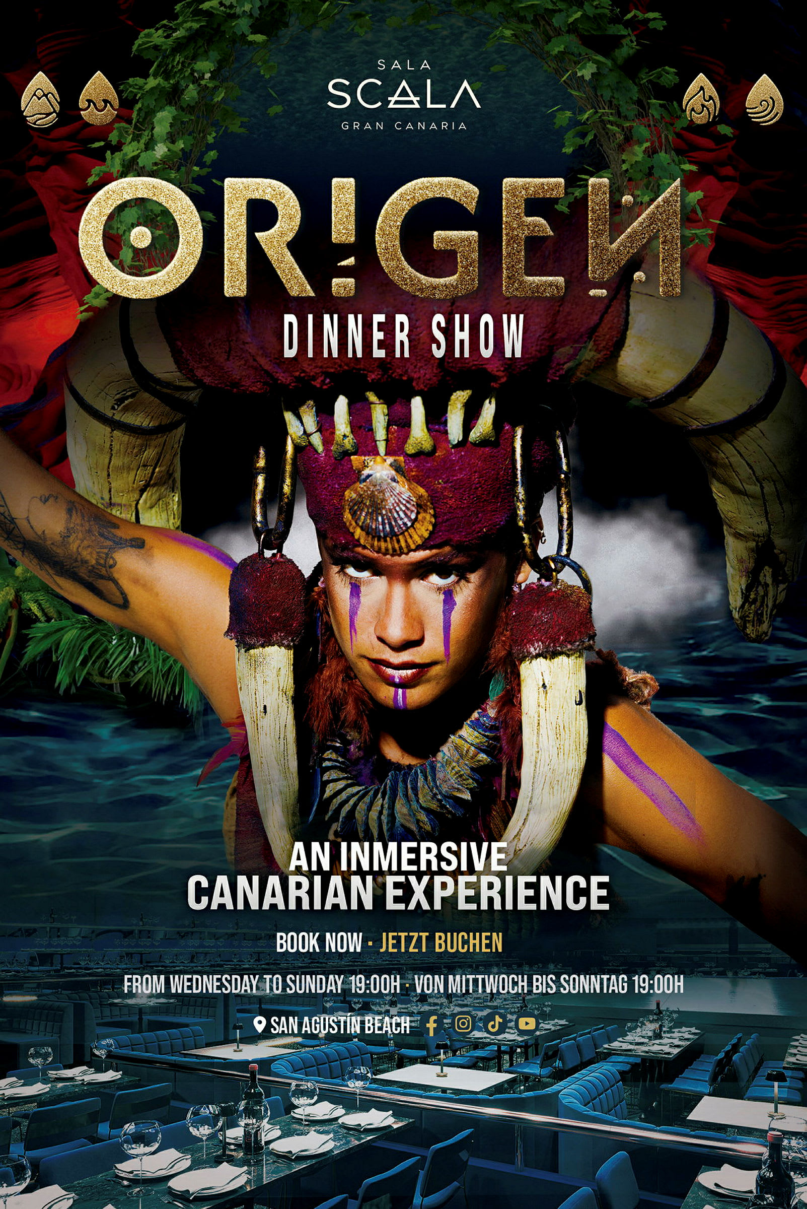 Plakat for middagsforestillingen "Origen" med dekor og tekstinformasjon. (AI-generert tekst)