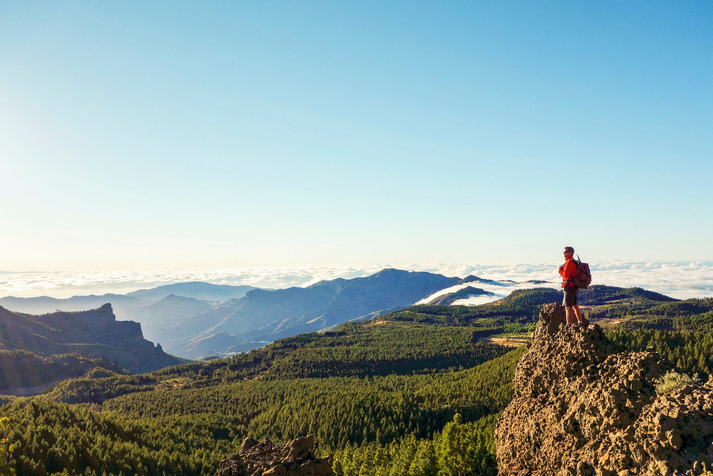 Person står på en klippe og ser ut over et fjellandskap mot en himmel dekket av skyer. (AI-generert tekst)